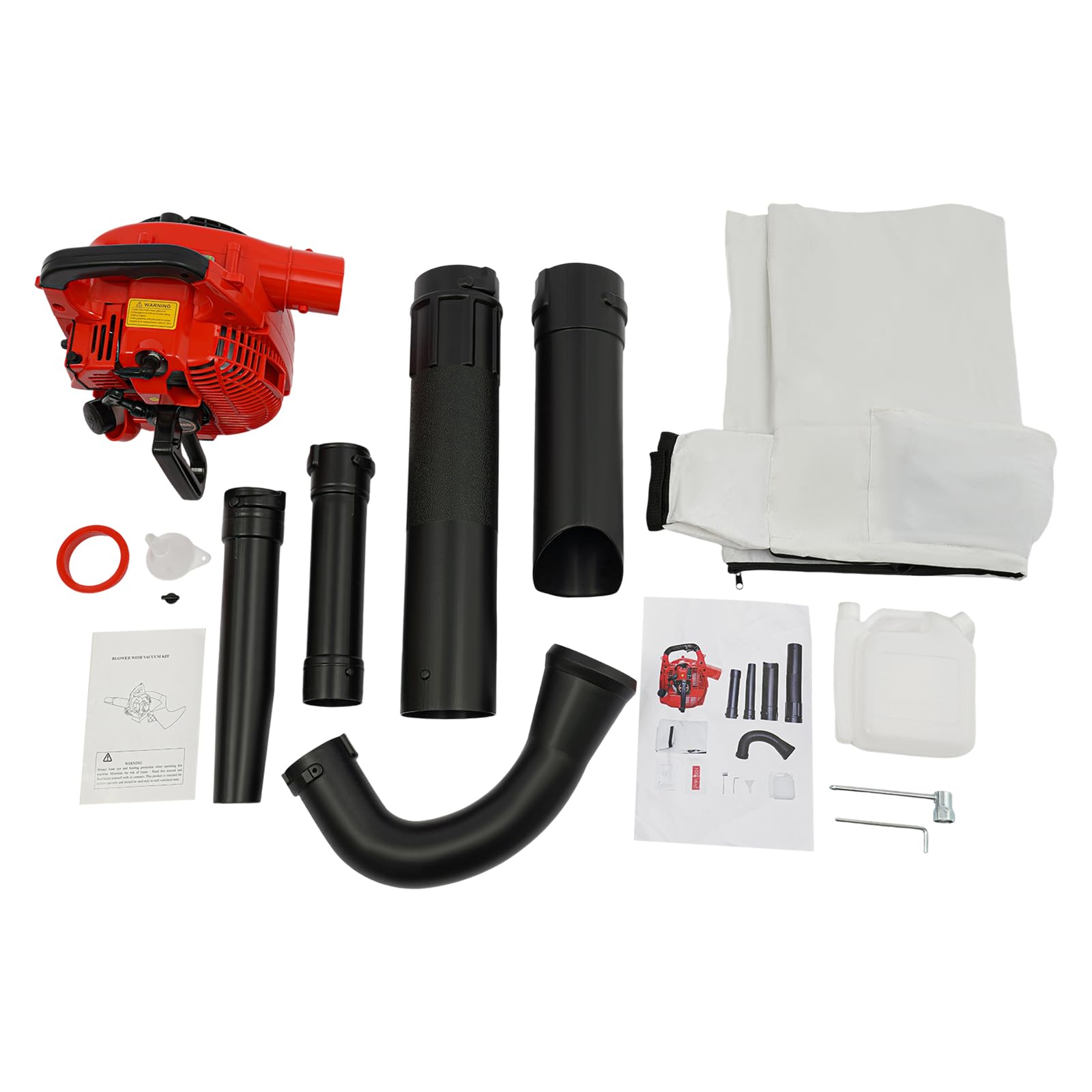 0.75KW Laubbläser mit Auffangsack, 25.4cc,Luftgekühlt,Zweitakt,7500r/min Gasbetrieben Akku-Laubbläser Kit,3-in-1 kabelloser Benzin-Laubsauger & Mulcher Laubsauger für Rasenpflege(Schwarz + Rot)