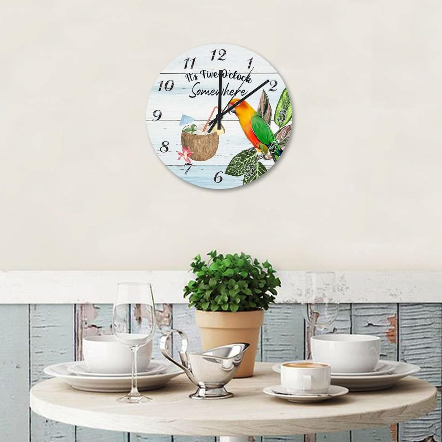 12 Inch It's 5 O'Clock Somewhere Parrot Wooden Clock Battery Operated Summer Wooden Round Clock for Living Room Bedroom Office Kitchen School