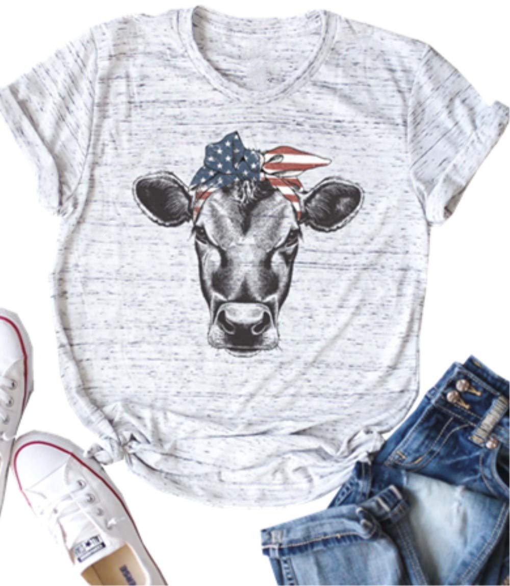American Flag Cow T Shirt Women USA Flag Stars Stripes Patriotic Tee Top Shirt Short Sleeve Graphic Summer Casual Shirt