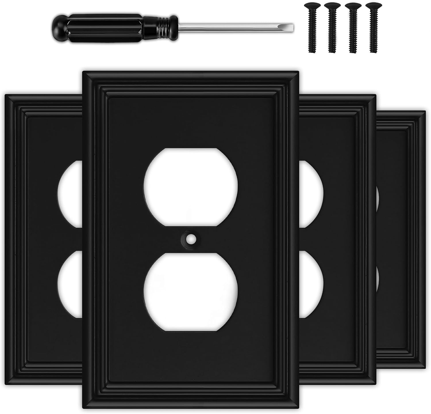 Matte Black Decorative Outlet Covers Wall Plates, Natural Material Electric Receptacle Cover Switch Plate Outlet Cover - Modern Style (1 Gang Single Duplex 4 Pack)