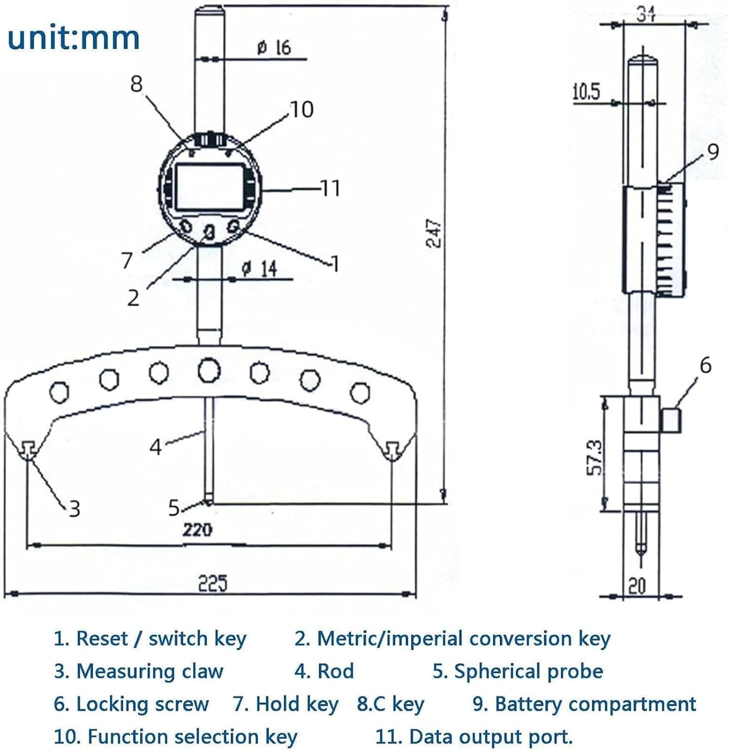 Digitales Radiuslehre, 0,03 mm Genauigkeit, 450–2500 mm Bereich, 0–50 mm Hubraum, 200 mm Backe, Datenübertragung für Formmessung