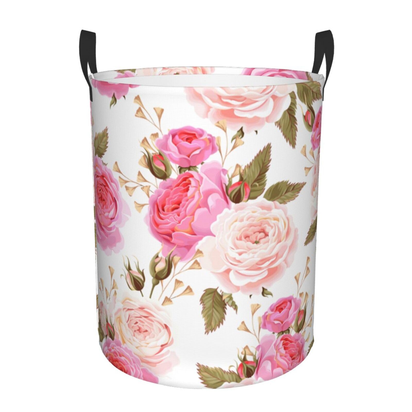S Collapsible Round Floral Flower Rose Pink Print Laundry Hamper