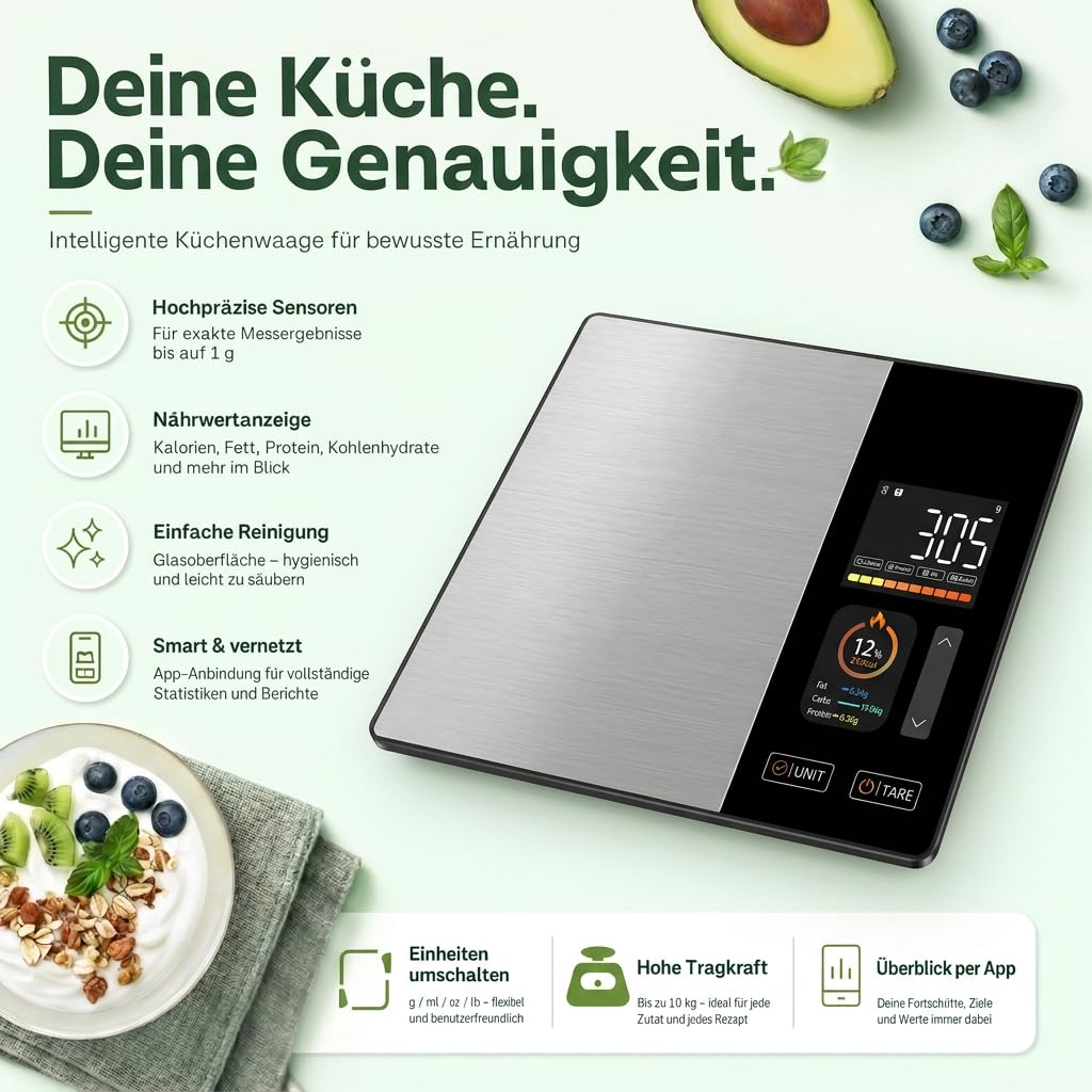 Bilancia da cucina digitale con contatore di calorie e calcolo dei valori