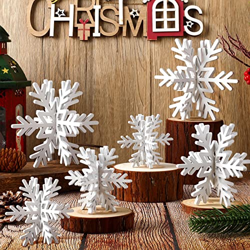 Bucherry 12 Pcs Wooden Snowflake Table Decor 3D Snowflake Tabletop Signs and Centerpiece for Frozen Party Christmas Xmas Winter Wonderland Decorations Home Office Mantel(White)