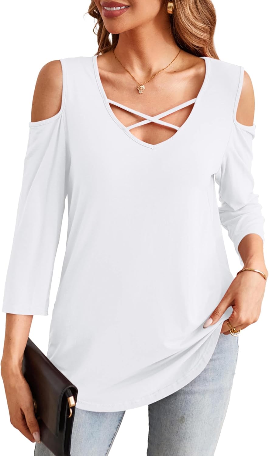 Amoretu Womens Summer Shirts V Neck Criss Cross Cold Shoulder Tops Blouse - Image 3