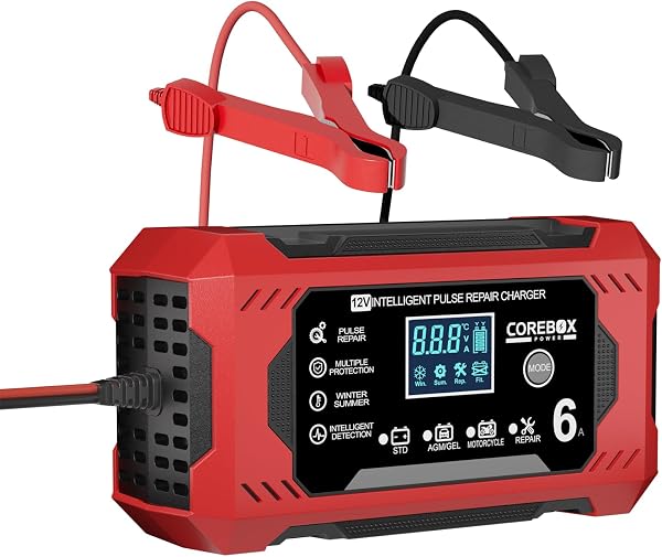 COREBOX Battery Charger 6-Amp 12V Car Battery Charger Chargeur Intelligent 12V, Trickle Charger, Battery Maintainer Desulfator with Temperature Compensation for Car Motorcycle Truck Lawn Mower (Red) - 1