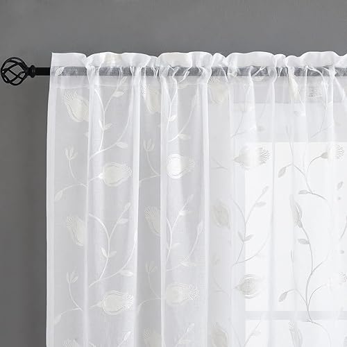 Cortinas traslúcidas con bordado floral blanco de 45 pulgadas de largo, cortinas de gasa con bolsillo para barra para sala de estar, dormitorio,
