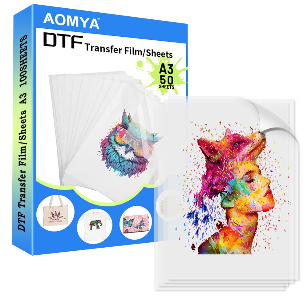 Aomya Pellicola di Trasferimento DTF A3 da 50 Fogli, 11,7 x 16,5 cm, Lucida, Trasparente, Pretrattare, Carta per Tutte le Stampanti a Sublimazione, Pellicola per Sublimazione Hack