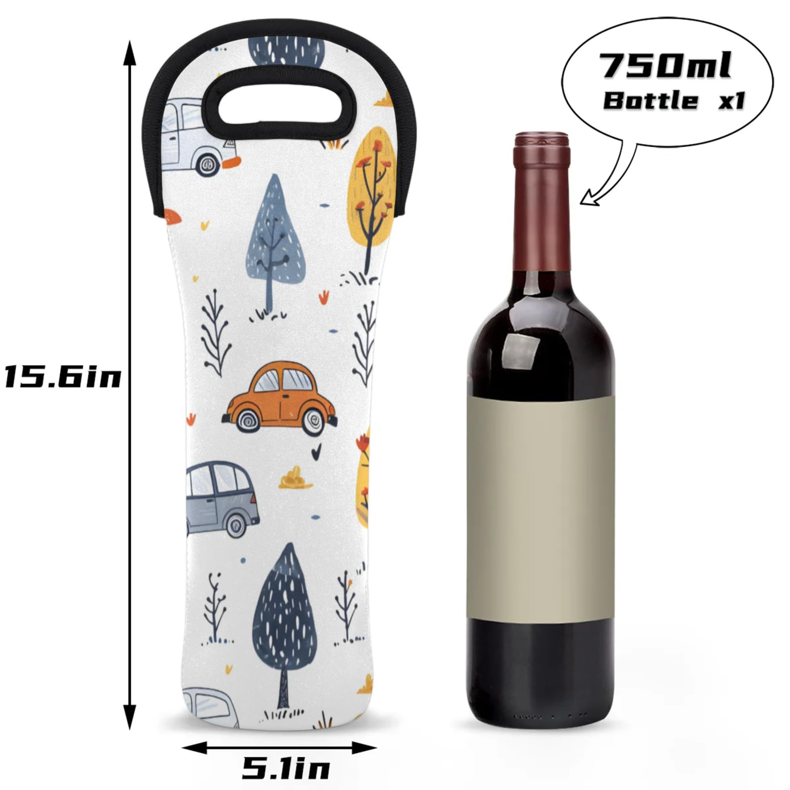 Neoprene Wine Tote Carrier Bag for Wine,Water, Champagne, Beer, Baby Bottles 15.6 x 5.1 Inches, Protective Wine Bag,Tree and Cars