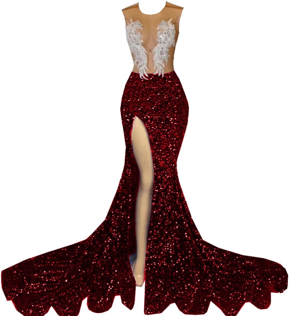 Sparkly Sequin Prom Dress Beaded Applique Pageant Celebrity Split Mermaid Evening Gown