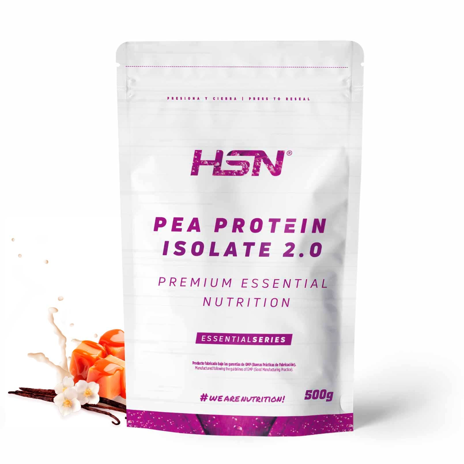 Proteína de Guisante Aislada de HSN | Sabor Vainilla Caramelo 500 gr = 17 Tomas por Envase | 100% Vegana | Pea Protein Isolate | No-​GMO, Sin Gluten, Sin Soja ni Azúcares añadidos