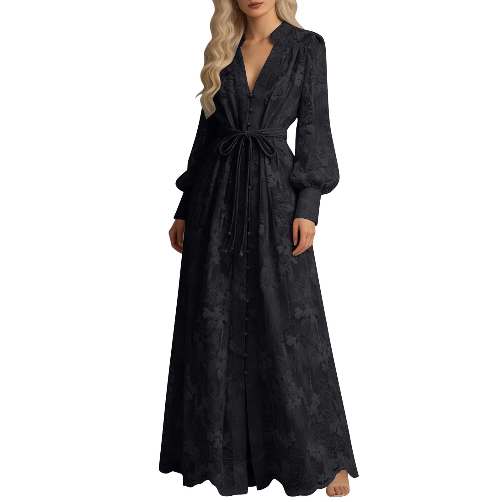 Generisch Abito da sera da donna con ricamo, maxi abito a maniche lunghe, con cintura, maniche a campana, abito da cocktail a vita alta, abito da festa, abito da ballo, abito casual