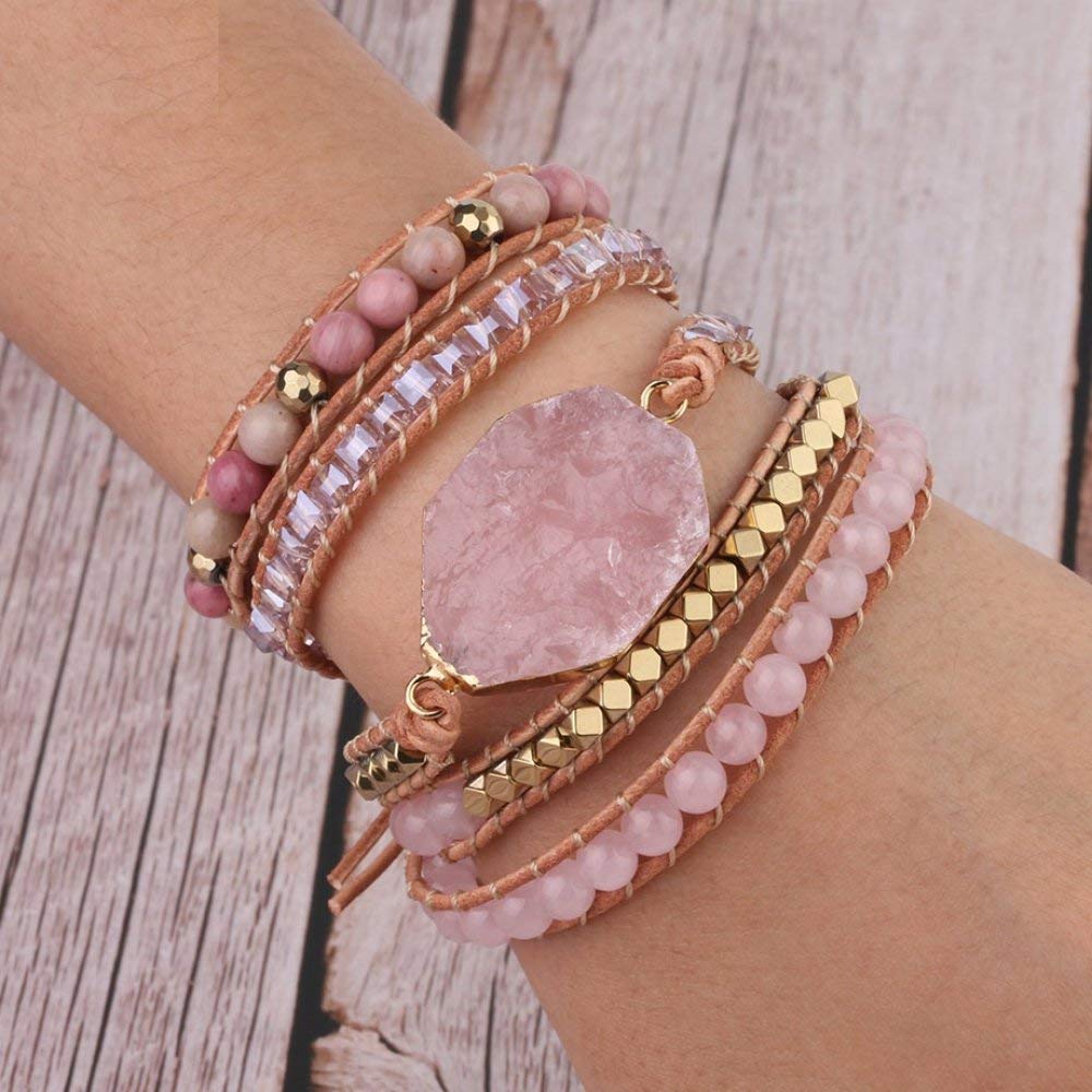 WJFGGXHK - Braccialetto da donna con pietra di quarzo rosa, lunghezza 6 mm, bracciale con pietra naturale rosa, bracciale in pelle di quarzo avvolgere gioielli con pietre rotonde di cristallo, idea regalo per ragazze