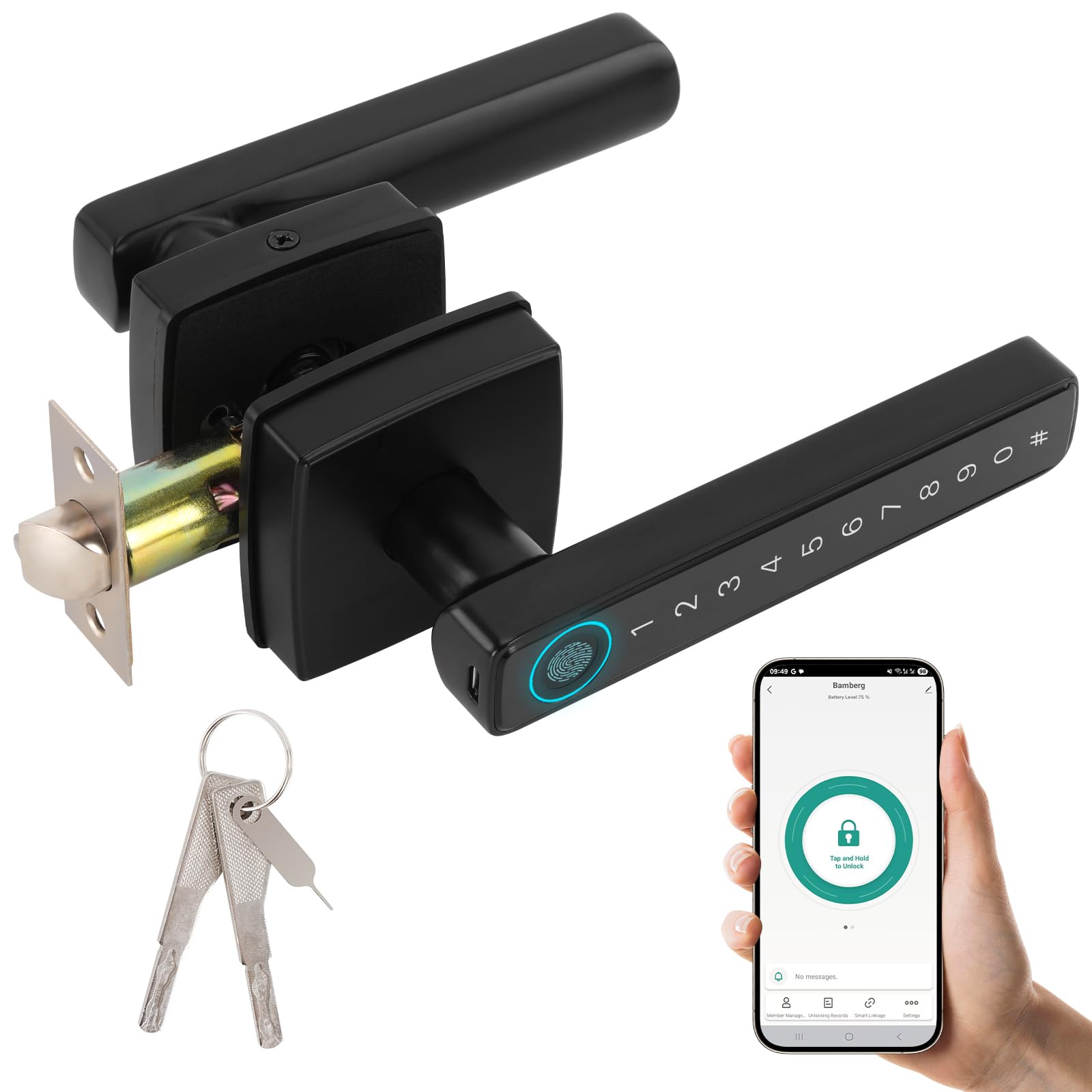 Bamberg N1 Smart Door Knob,4-in-1 Keyless Entry with Fingerprint, Tuya APP, Keypad Code & Key | Biometric Fingerprint Lock for Privacy on Bedroom, Apartment, Office and Indoor Doors