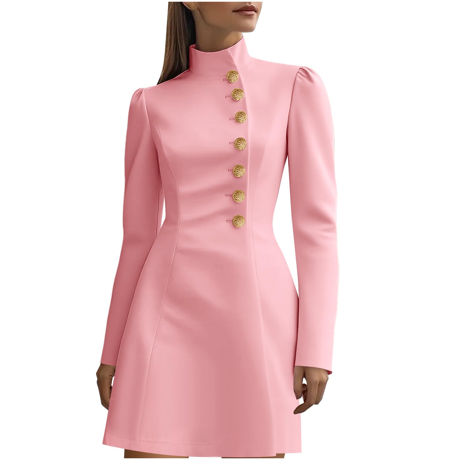 Womens Dresses Long Sleeve Casual Slim Fit Stand Collar Single-Breasted Suit Dress Dressy Fall Fashion Midi Skirt