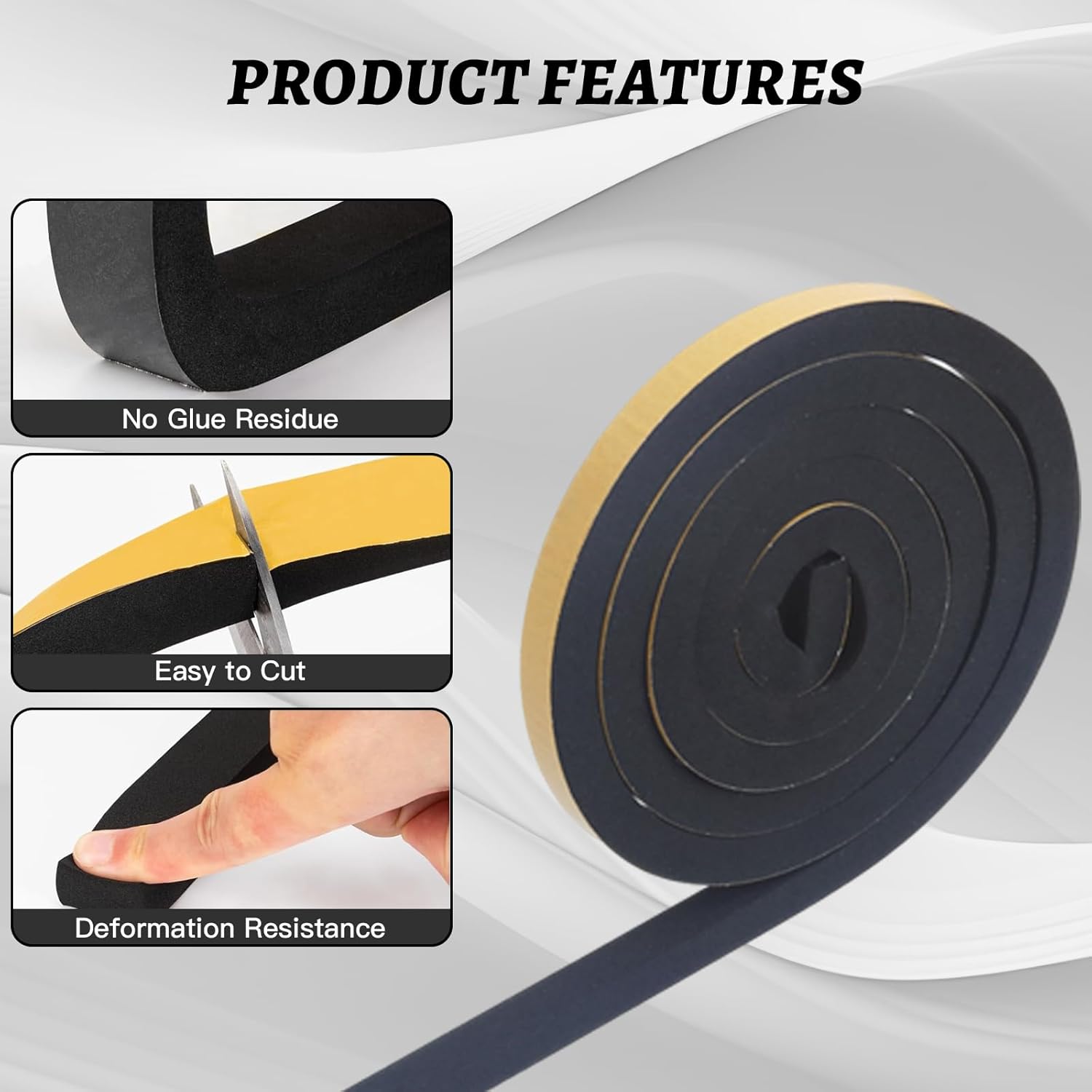 High Density Foam Tape with Adhesive, 2 Rolls (1/2" x 1/2" x 13 Ft Total), Multi-Purpose Weather Stripping for Doors, Automotive, and Furniture Protection, Shockproof Insulation Seal