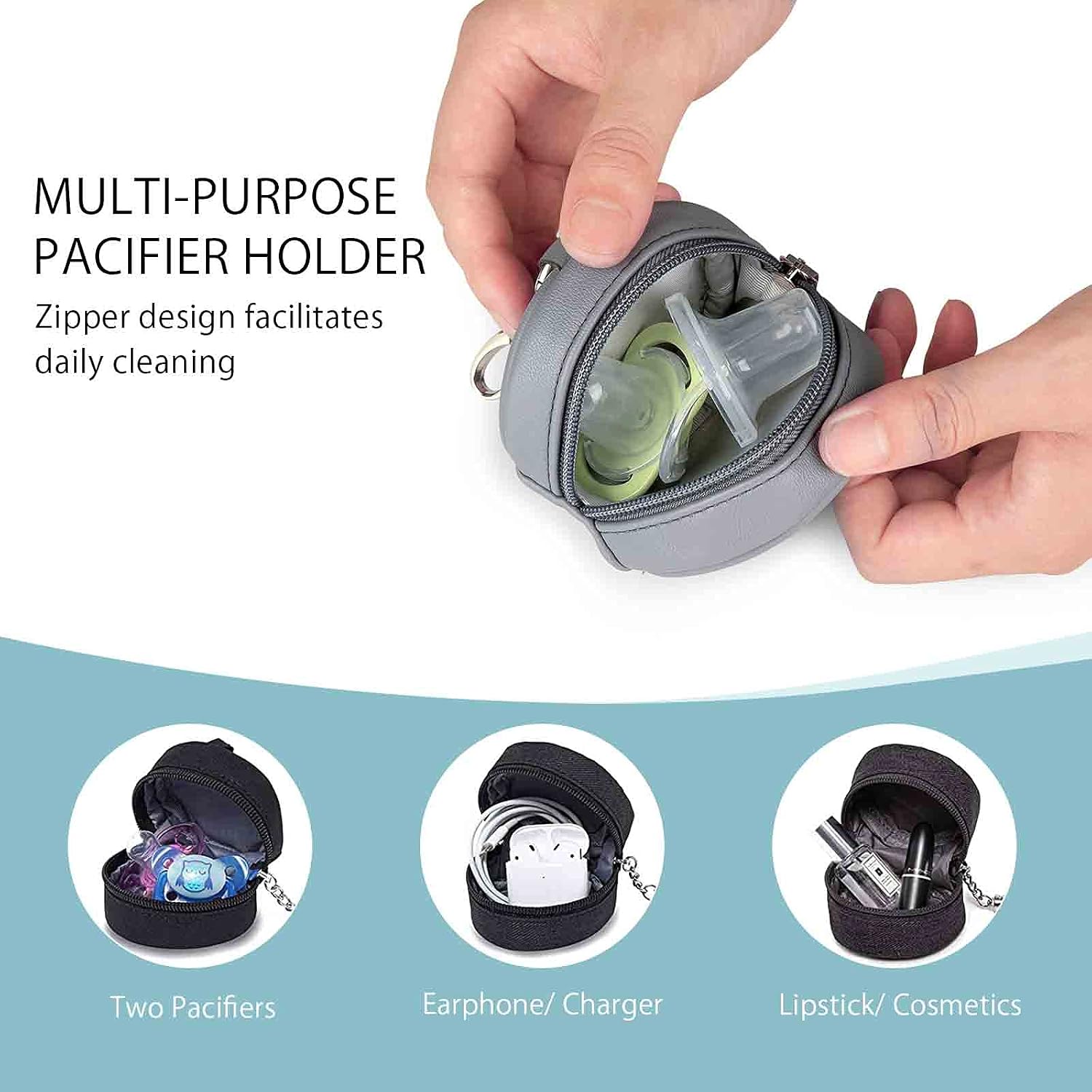 SONARIN Leather Dummy Case with Clasp,Portable Soother Pod Pacifier Case Pacifier Holder Soother Storage Box for Holding 2 Pacifiers or Nipple Shields,Attach to Diaper Bags(Grey)