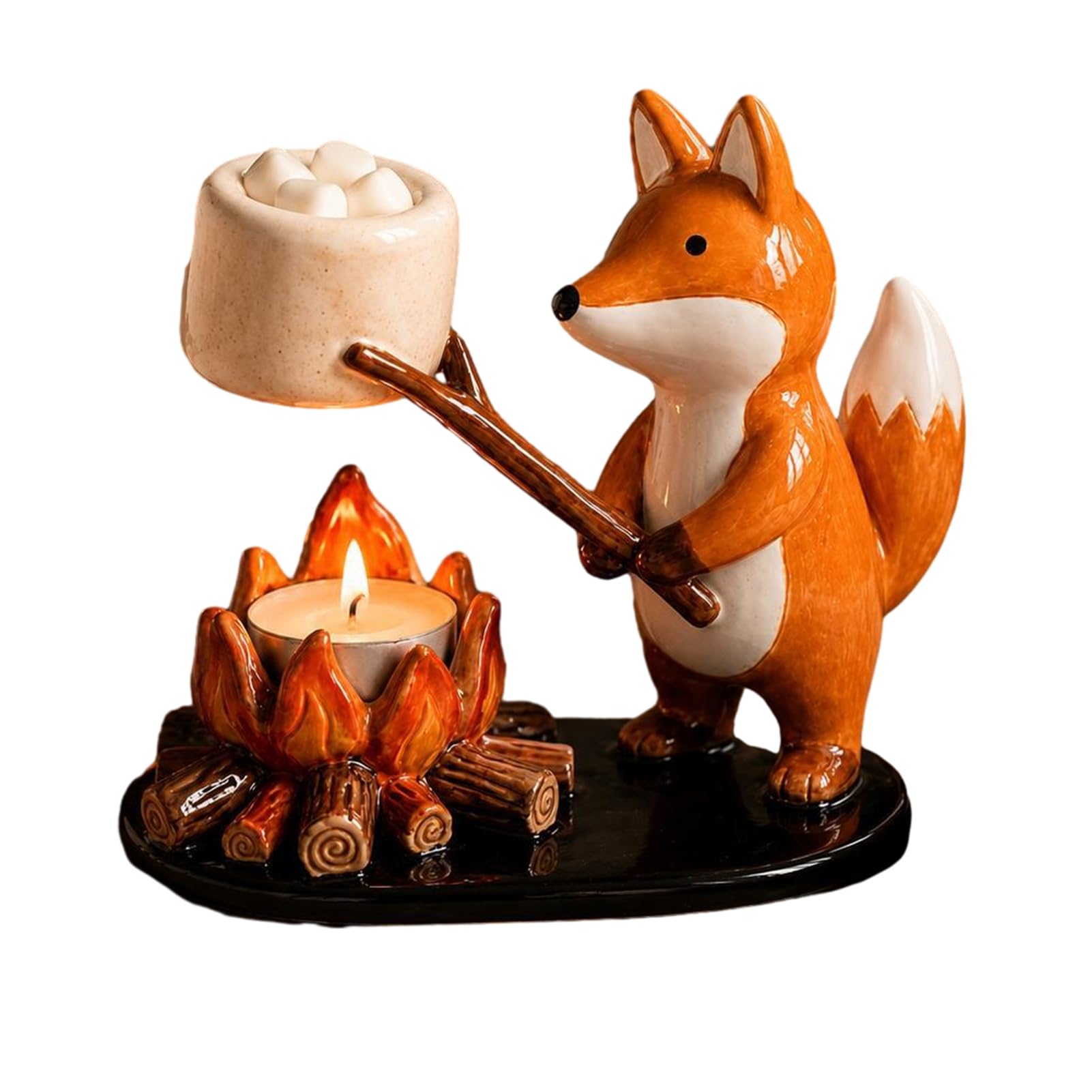 Campfire Animal Tealight Holder, Cute Resin Candle Stand with Cat Fox and Dachshund Figurines, Rustic Woodland Tabletop Decor for Home Living Room, 18.5x10x15cm Yellow B