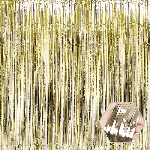 Image of 6 Pack Light Gold Foil Fringe Curtain Backdrop, 3.28Ft x 8.2Ft Metallic Tinsel Foil Fringe Streamer Curtains for Photo Booth, Christmas Day, Thanksgiving, Wedding, New Year Party Decorations