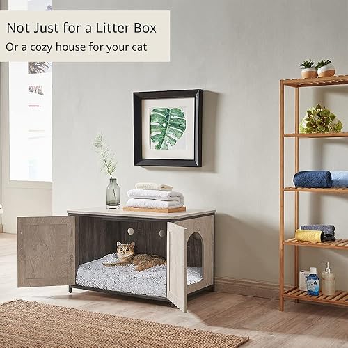 Vista 47 de unipaws – Banco de almacenamiento y orinal para gatos, cubierta de caja de arena con estructura de madera resistente, almacenamiento amplio, fácil