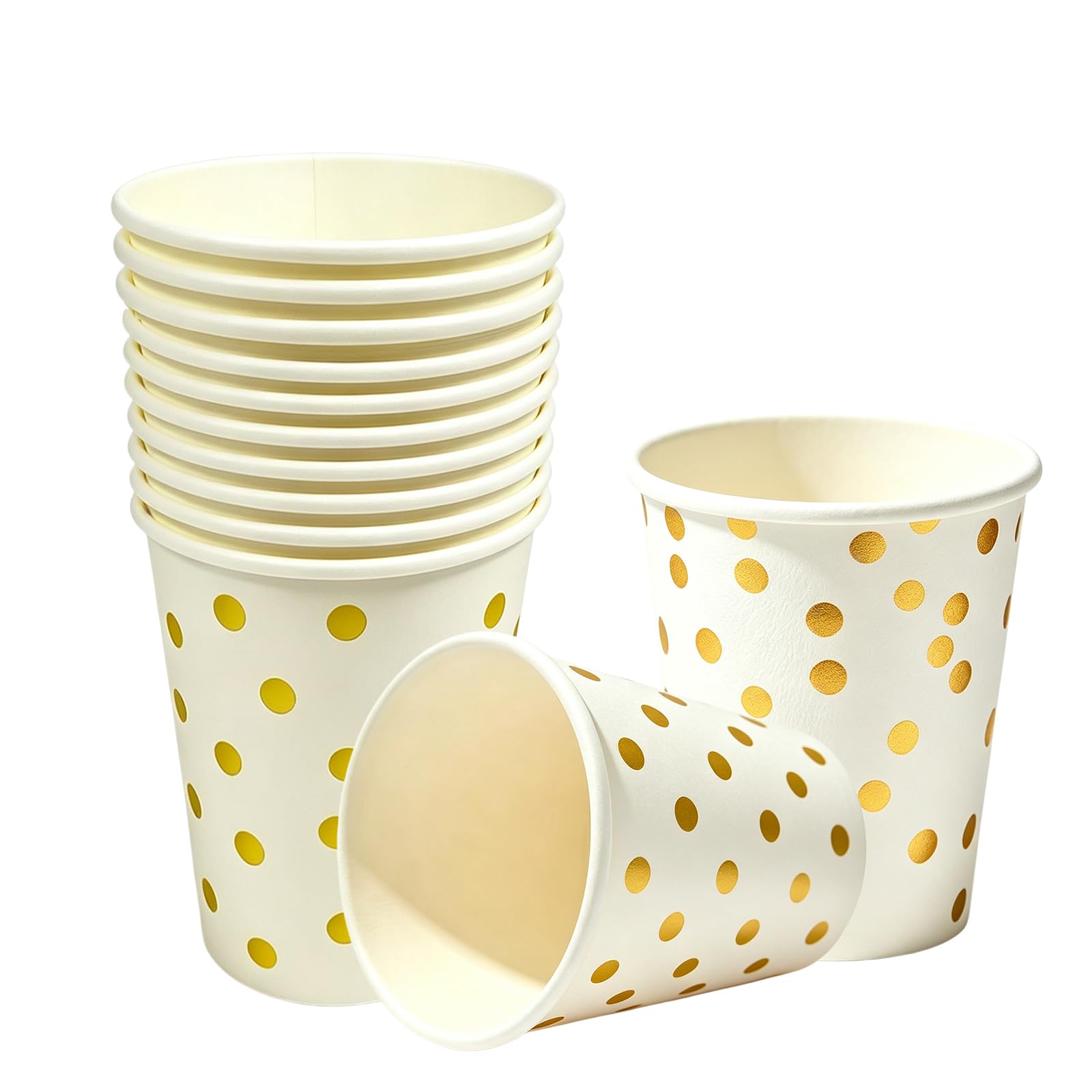 40P White Disposable Paper Cups,White Gold Foil Polka Dots Party Cup