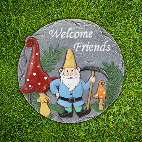 Exhart Stepping Stone, Welcome Friends Garden Stone Mining Gnome – Colorful Garden Stepping Stones for Pathway – Durable & Hand Painted Resin Outdoor Stepping Stone for Home & Garden Décor, 10”x11”