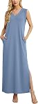 GRECERELLE Femmes Été Maxi Robes V-Neck Sans manches Casual Loose Split longue plage Sundress avec poches