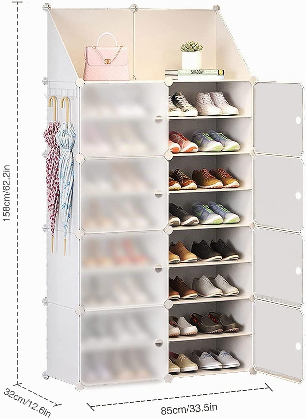 HOMCENT Zapatero con Puertas, Mueble Zapatos, Zapatero Extensible, estantería Modular de plástico para Dormitorio Sala de Estar(2 x 8 Niveles,Blanco)