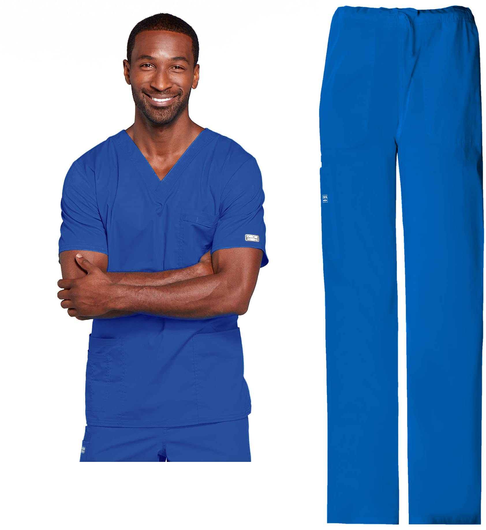 Cherokee Scrub Set for Men or Women, Traditional Fit 4 Pocket V-Neck Top 4725 with 5 Pocket Natural Rise Cargo Pant 4043