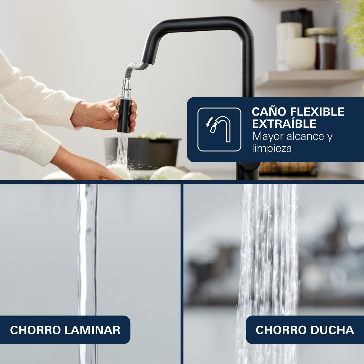 GROHE Get – Grifo Cocina con Caño Extraíble (2 Chorros, Caño Alto 381mm, Giro 360°, Cartucho 35mm, Acoplamiento Suave, Conexión 3/8", QuickMount), Negro Mate, 314842431