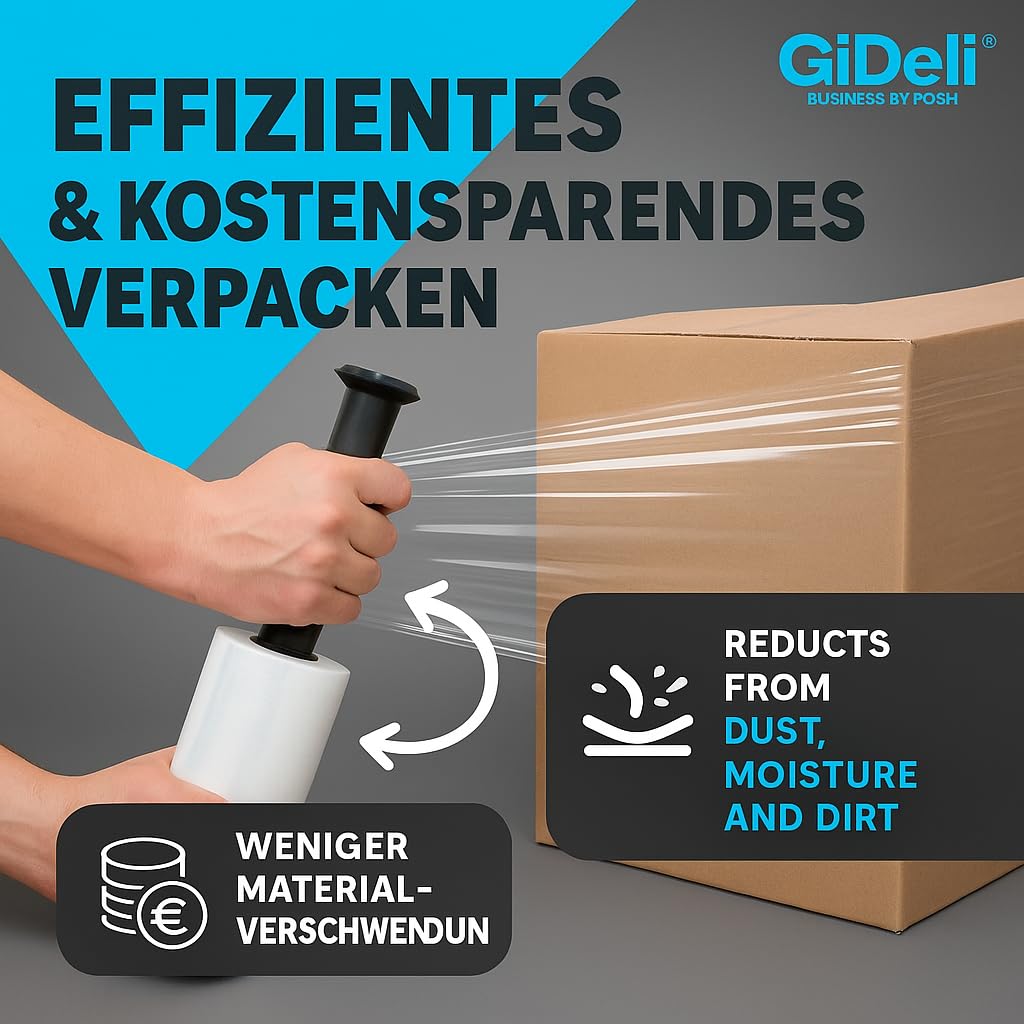 GiDeli Stretchfolie Transparent Strechfolienrolle - 10x Wickelfolie - Handstretchfolie 450m / 50cm Verpackungsmaterial - Verpackungsfolie auf Rollen - Folie Für Möbel - Folien Für Umzug - Umzugsfolie