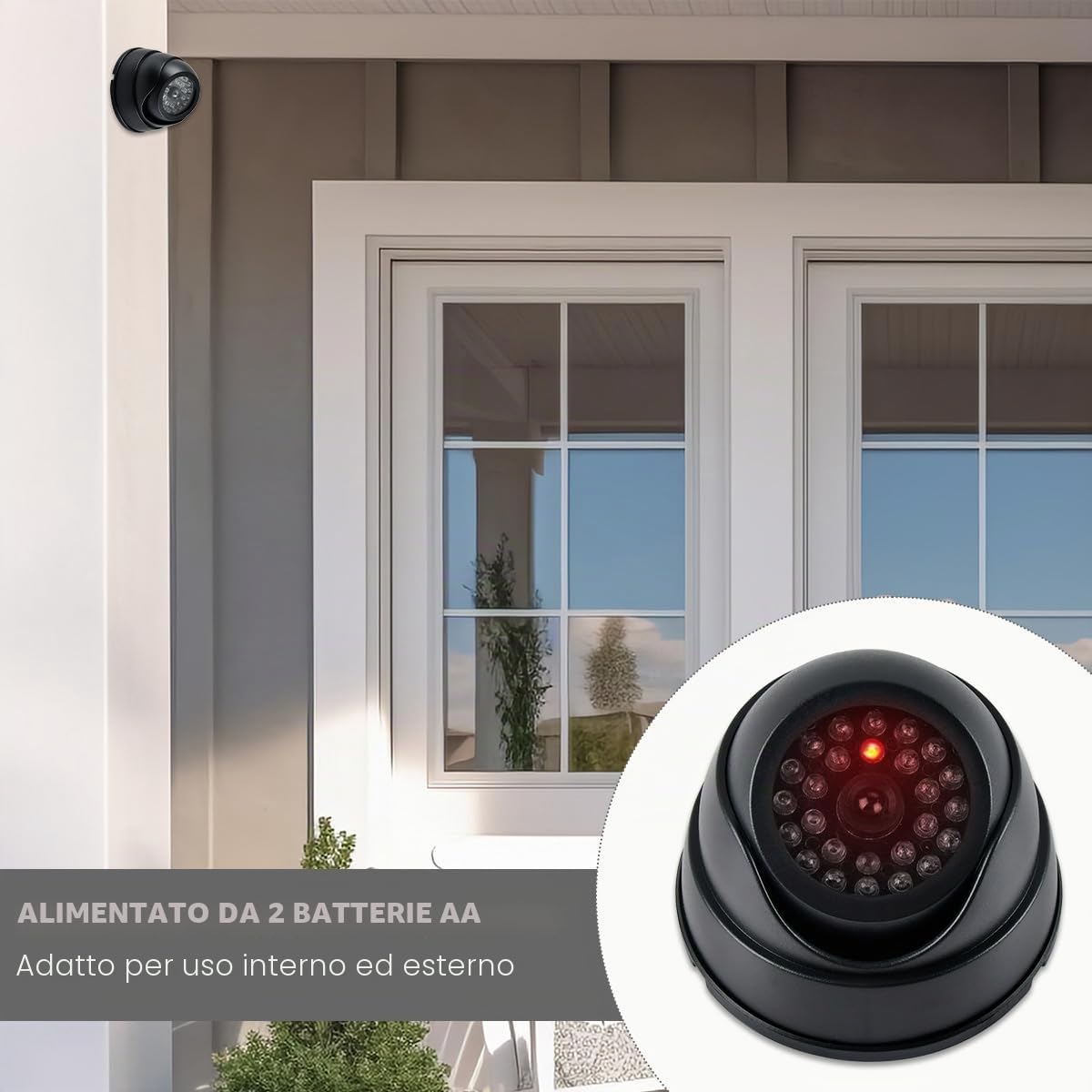 Telecamera Finta Esterno con Led 2PZ CCTV Fittizia Nero a Batteria