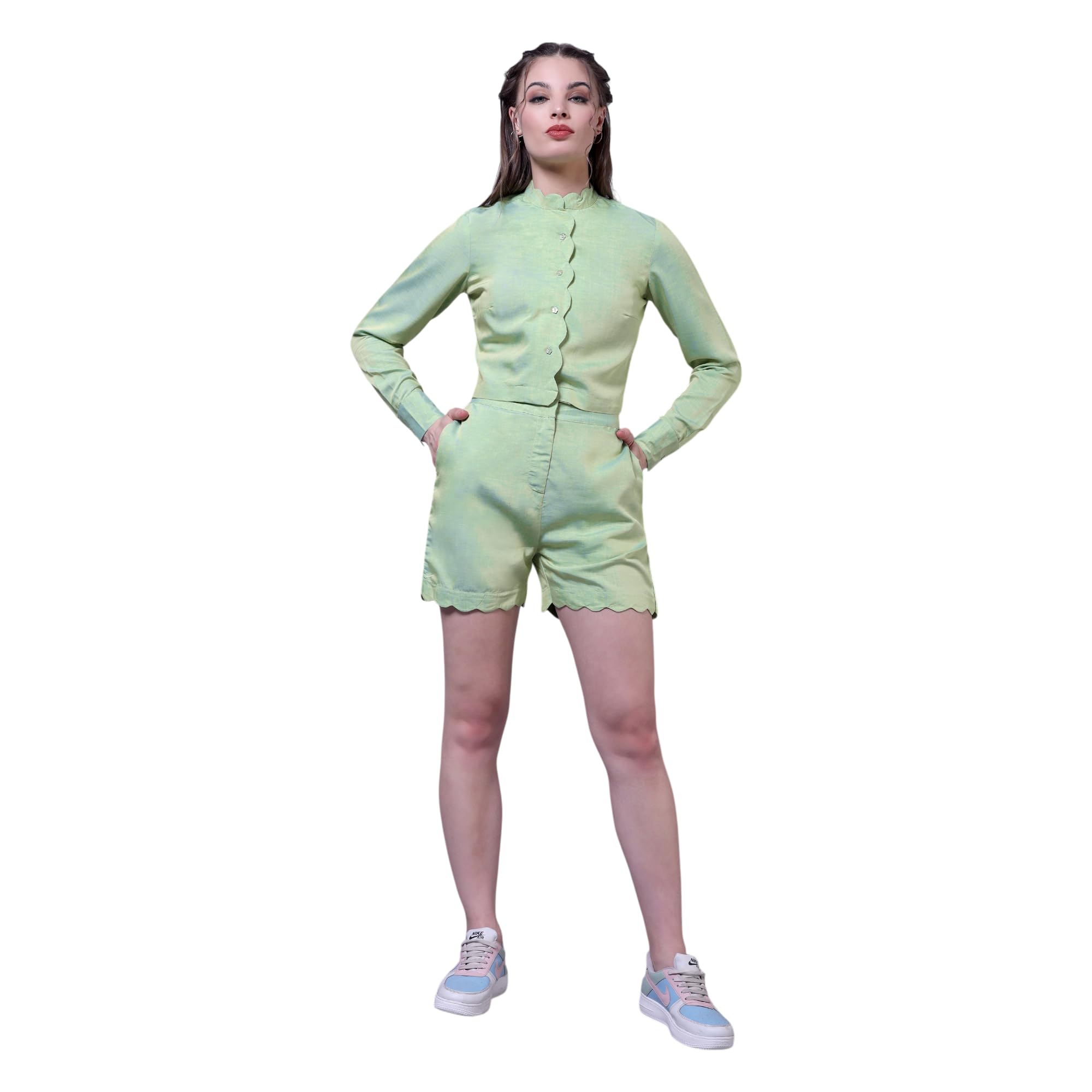 Green Scallop Trim Shirt And Shorts Set for Women & Girls Size, L-image-33