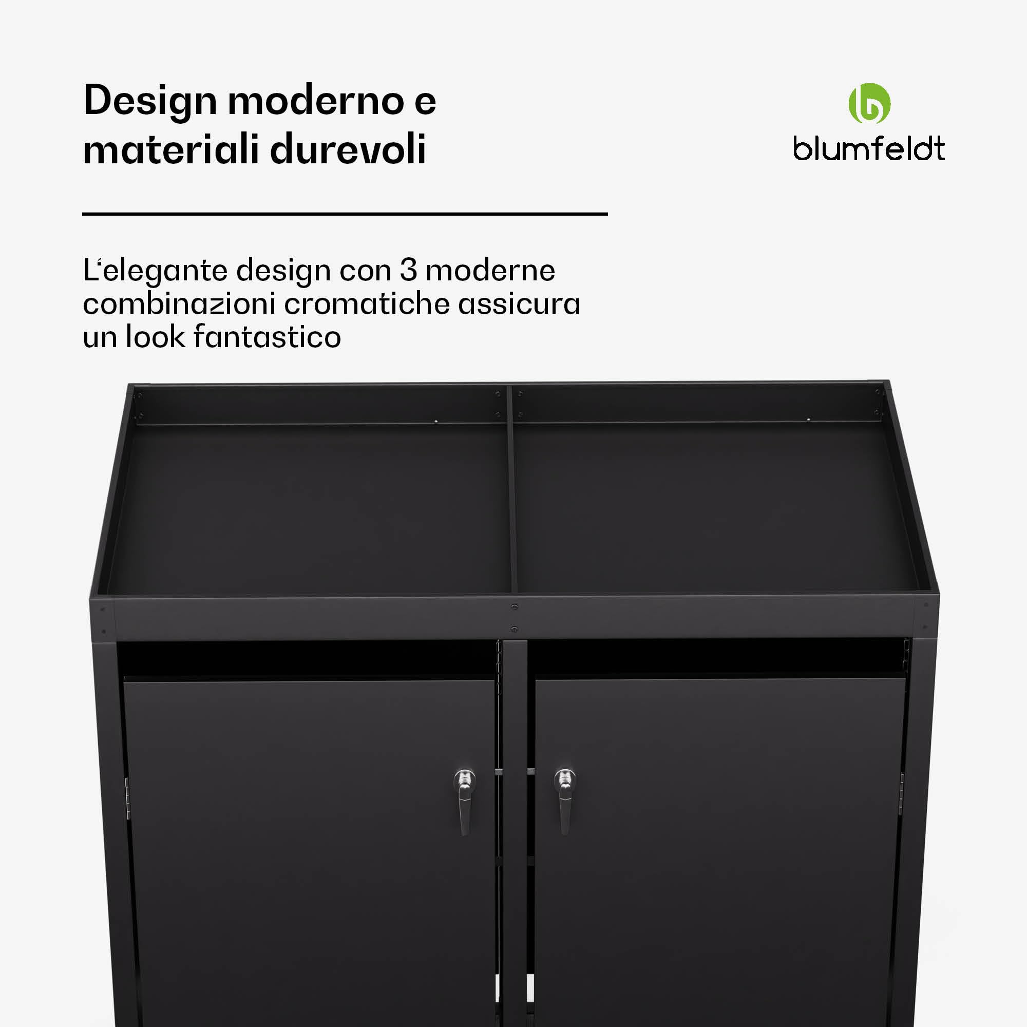 Blumfeldt BinSafe - Copri Bidone della Spazzatura –Acciaio Zincato Resistente, 2 Sportelli & Tetto a Fioriera, Adatto a Bidoni 60L/120L/240L, Serratura a Chiave, Design Moderno, Copribidone da Esterno