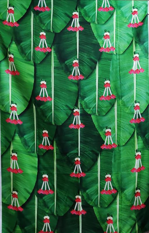 Bague Backdrop Cloth for Pooja Decoration Traditional and Function Use Very Good Looking Banana Leaf with Red Flowing Design Back Drop Cloth 5X8