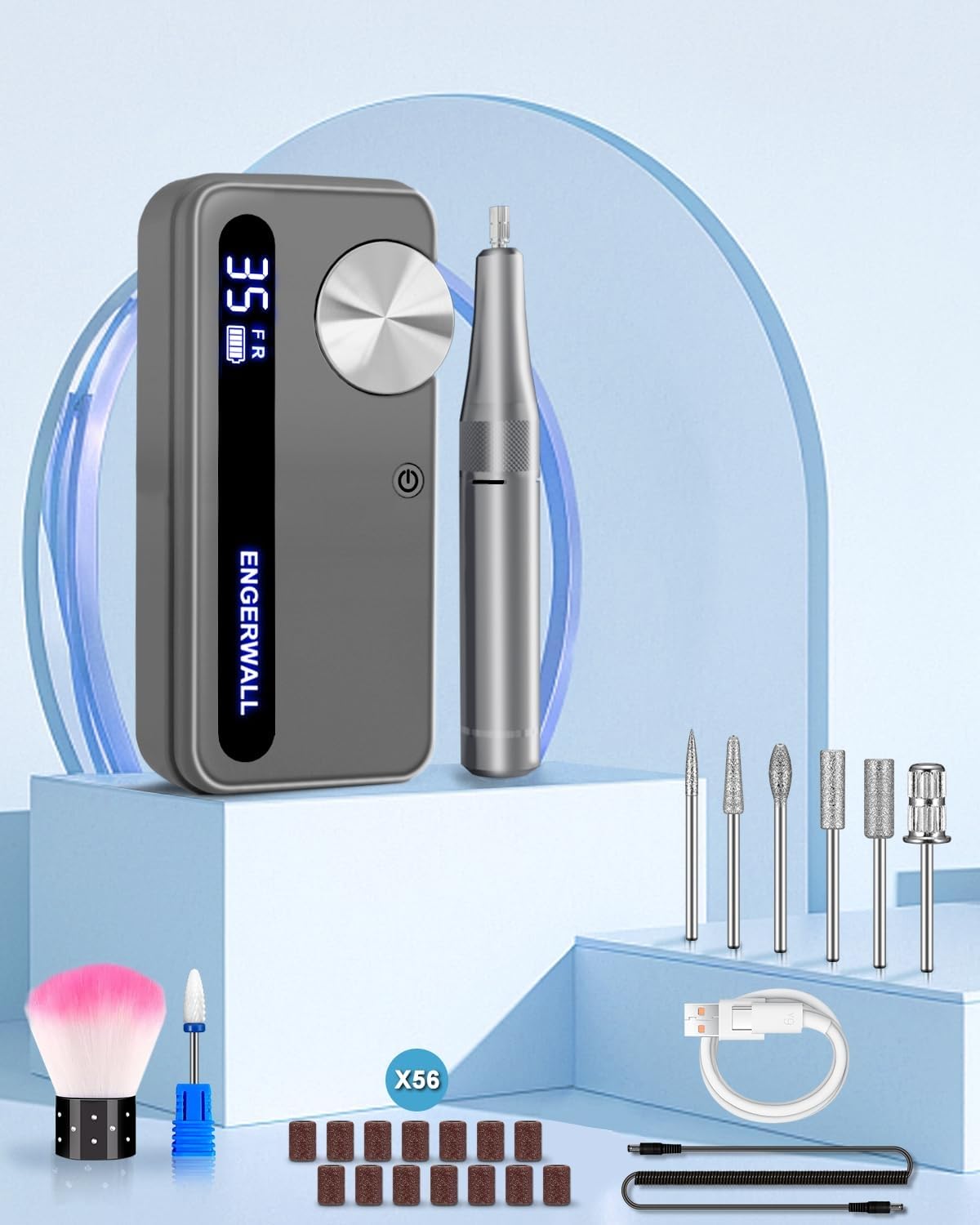Ponceuse pour Ongles Professionnelle 35000 tr/min, Lime à Ongles Électrique Rechargeable pour Gel Acrylique & Polygel, Kit Manucure Sans Fil avec 7 Embouts & 56 Bandes Abrasives,Argent Foncé