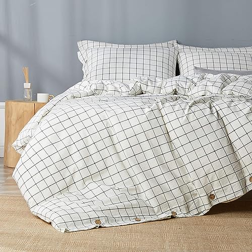 Image of JELLYMONI Cotton Duvet Cover King Size - White Grid Plaid Comforter Cover with Button 100% Washed Cotton 3PCS Breathable Soft Bedding Set Duvet Cover 104x90in & 2 Pillowcases (NO Comforter)