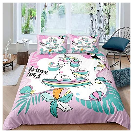 HUIJIE 3 Delar Påslakan Set För Barn Rosa Unicorn Tropical Hawaiian Style Palm Tree 140X200Cm 1 Täcke + 2 Örngott Övertäcke För Barn Pojkar Tonåringar Sovrum Mjukt Täckeöverdrag Mikrofiber Dragkedja S