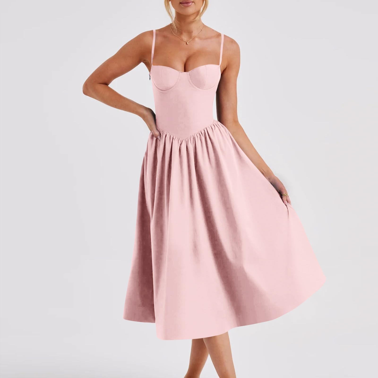 Robes Femme Élégant Bustier à Bretelles Robe Midi Corset Fluide avec Ourlet Plissé Robe Bordeaux Femme Manches Longues