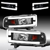 Autozensation Compatible with 1994-2001 Dodge Ram 1500, 2500, 3500, Left + Right Pair Headlamps Assembly, Black Headlights w/LED Tube