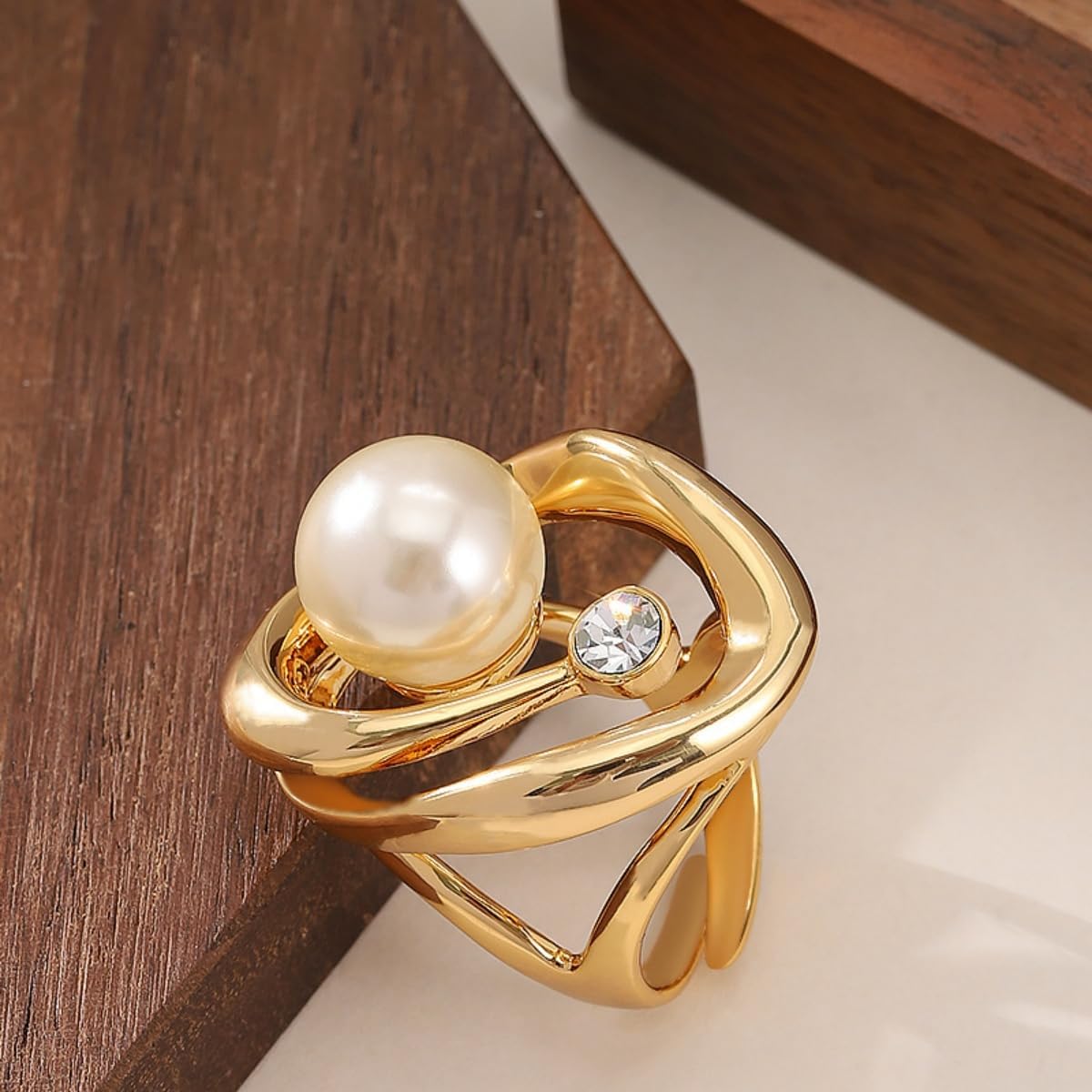 Kokoma Big Pearl Ring for Women Cubic Zirconia Hollow Oval Ring Adjustable Open Band Elegant Anniversary Engagement Wedding Fashion Finger Jewelry - Image 3