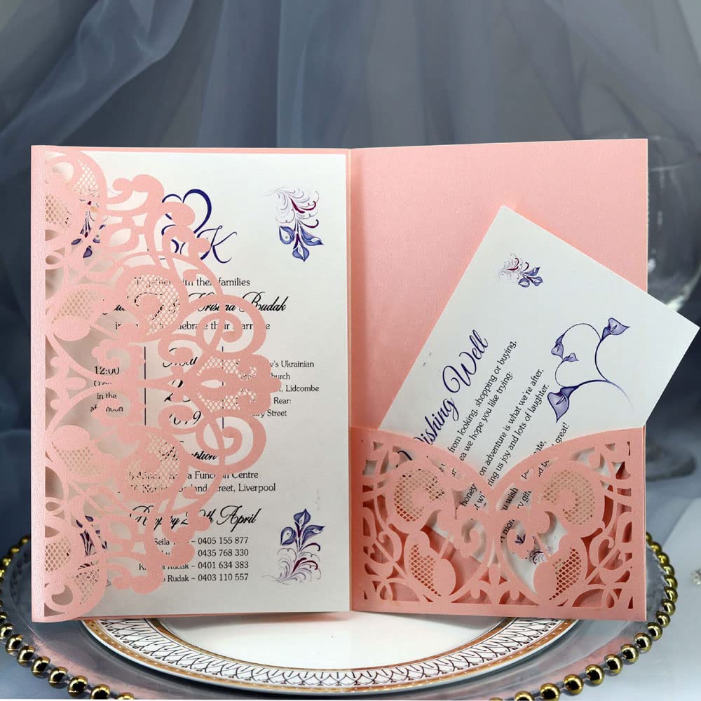 Delikatna romantyczna karta z zaproszeniem na przy Koperty - 50 sztuk zaproszeń czystych - personalizowane zaproszenia papierowe na przyjęcie zaręczynowe lub eleganckie zaproszenia(Roze,Blank)
