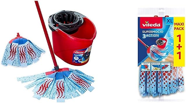 Vileda SuperMocio 3Action XL Mop and Bucket Set with Extra Refill, Twin Pack, Red, Microfiber