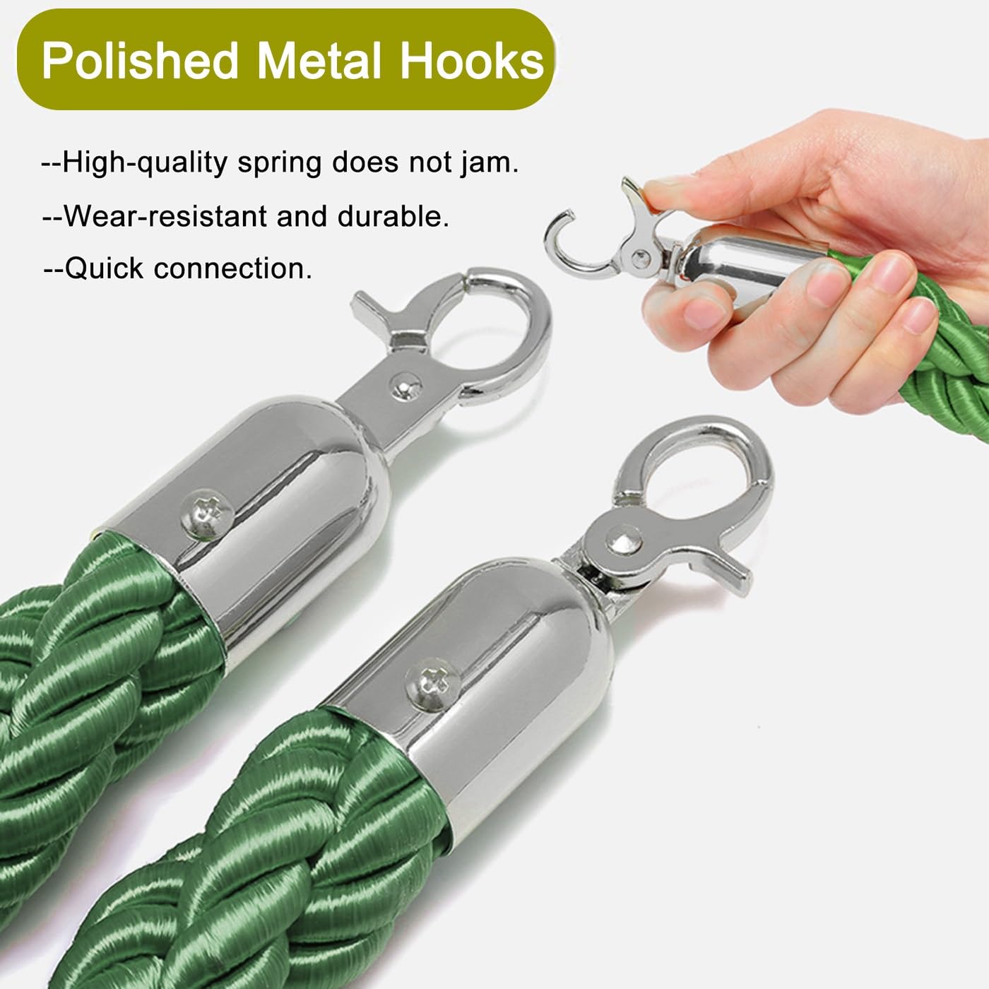 Stanchion Barrier Ropes for Crowd Control, Green Stanchion Hemp Rope Barriers Queue Line Rope for Stanchion Posts Queue Pole, Rope Safety Barrier with Polished Snaps, 2/3/4/5/8/10Ft(Green-Silver Hooks