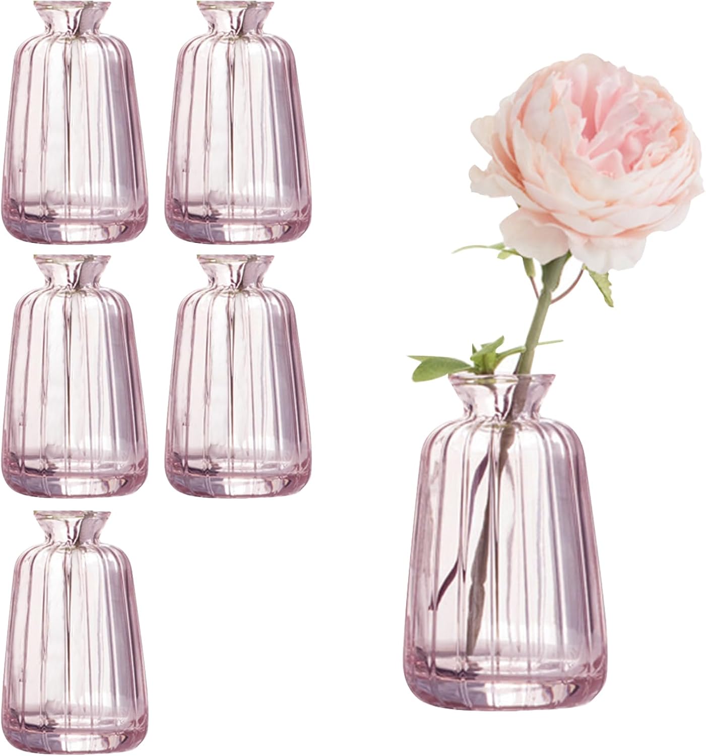 Pack of 6 Small Glass Vases for Table Decoration Mini Vases Flower Vase Set for Wedding Table Decoration 11 x 6.5 cm Pink