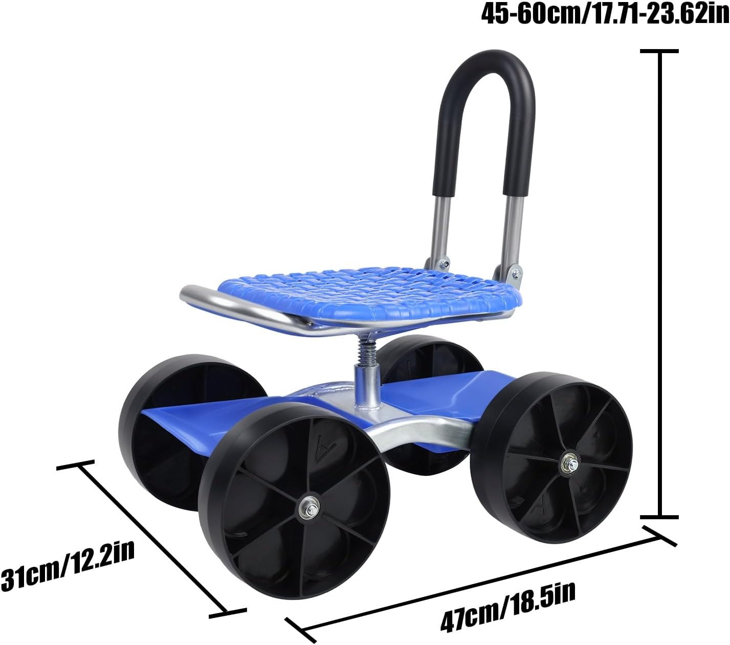 Garden Cart Rolling Workseat with Wheels, Rolling Garden Work Seat with Wheels, Height Adjustable Gardening Stool for Planting, 360 Degree Swivel Seat, Steering Handle & Tool Tray Blue