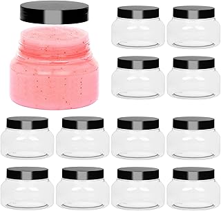 Qeirudu 12 Pack 8 oz Plastic Tuscany Jars with Lids and Labels - Empty Refillable Round Clear Plastic Containers Body Butter Containers for Creams, Lotions, Cosmetics