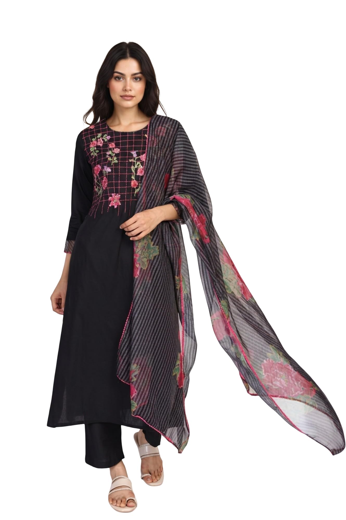 w for woman Floral Embroidered Straight Woven Kurta with Pant and Dupatta Set-picture-38