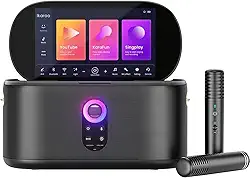 Speaker de Karaokê Profissional Ikarao Shell S1 com Tela Touch 10.1", 2 Microfones Sem Fio Recarregáveis, Som Potente 280W, KaraFun Prime e Portátil para Festas, Eventos e TV