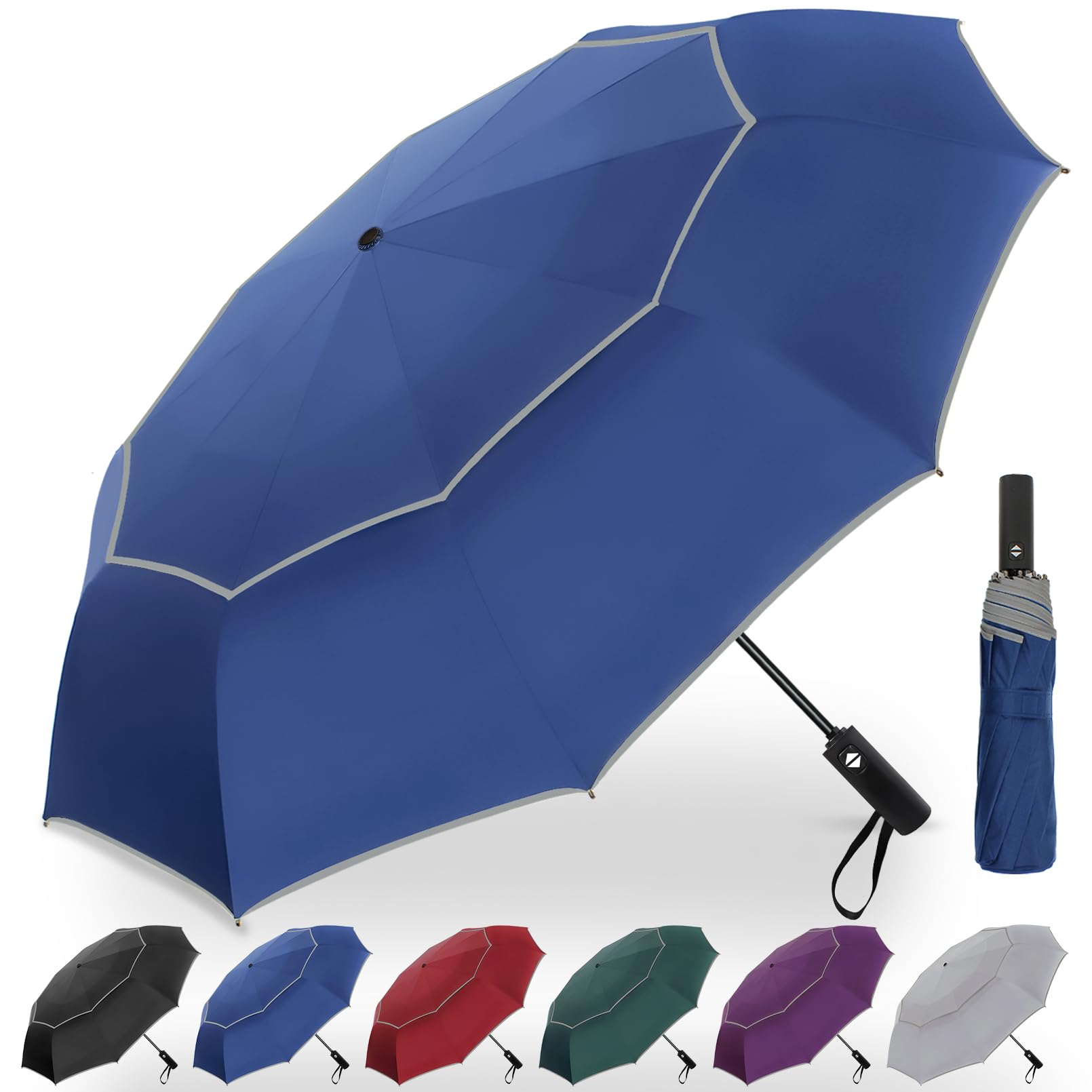 Satol Golf Umbrella Windproof Large 62 Inch, Reflective Umbrella10 Ribs Vented Double Canopy Automatic Open Oversize Compact Folding Umbrella for Travel, Waterproof UV Protection-Blue